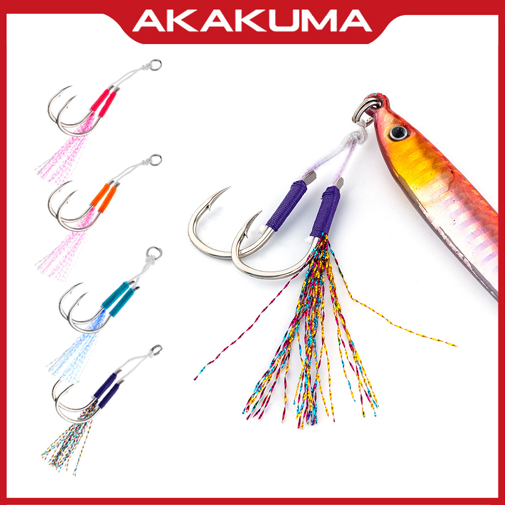 Luya Iron Plate Double Hook Tied with Hair Iron Plate Hook Boat Fishing Trolling Sea Fishing Hook Tied with Bright Wire Fish Hook Cross-Border Wholesale