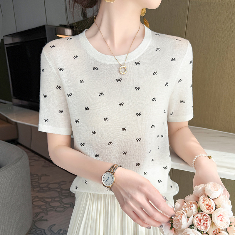 Worsted Wool Women's 2025 Summer Simple Fashion Tencel New Jacquard Crewneck Shoulder Mulberry Silk Short-sleeved T-shirt