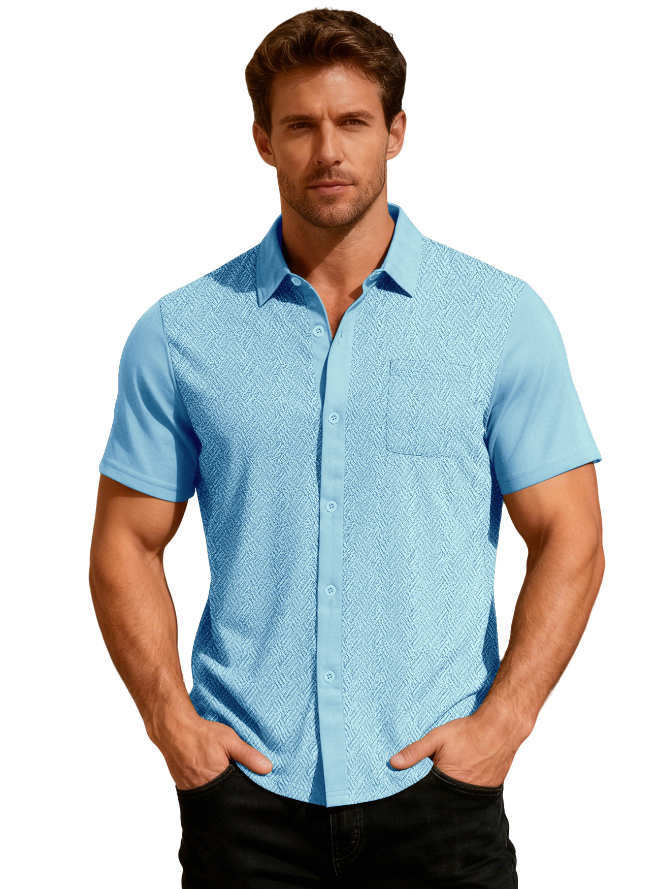 Europa y Estados Unidos ropa de hombre transfronteriza TK paleta de verano suelta con solapa transpirable Cardigan toalla jacquard camisa de hombre de manga corta