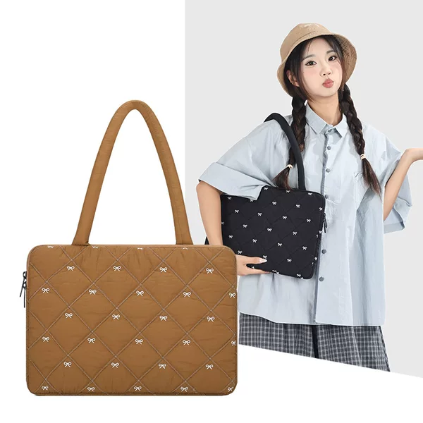 Bowknot Embroidered Quilted Laptop Bag for Women, Fashionable Shockproof Notebook Commuting Tablet Storage Protective Bag