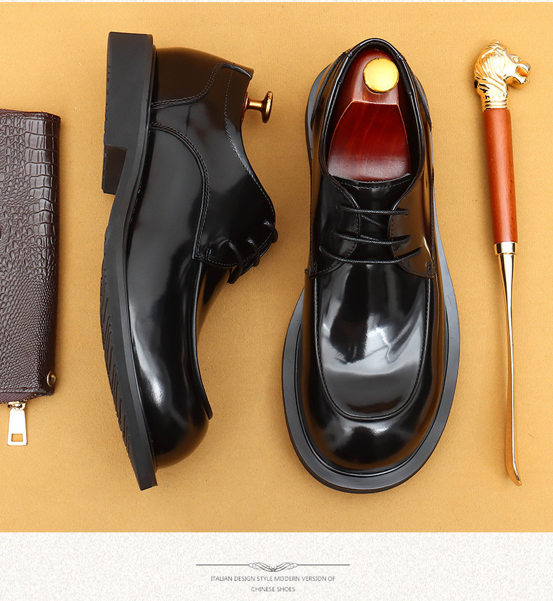 [Prévente non disponible] chaussures en cuir décontractées pour hommes, jambes larges, britanniques, brillantes, grosse tête, première couche de cuir de vachette, chaussures pour jeunes_voghion.com