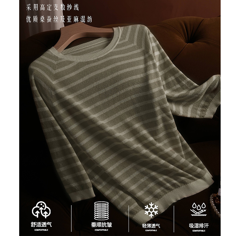 Ai Breathable Linen Silk Stripesd Mid-Sleeve Round Neck Knitted T-Shirt Women's Stereo Texture Thin Comfortable Bottoming Shirt Ai Breathable Linen Silk Stripesd Mid-Sleeve Round Neck Knitted T-Shirt Women's Stereo Texture Thin Comfortable Bottoming Shirt