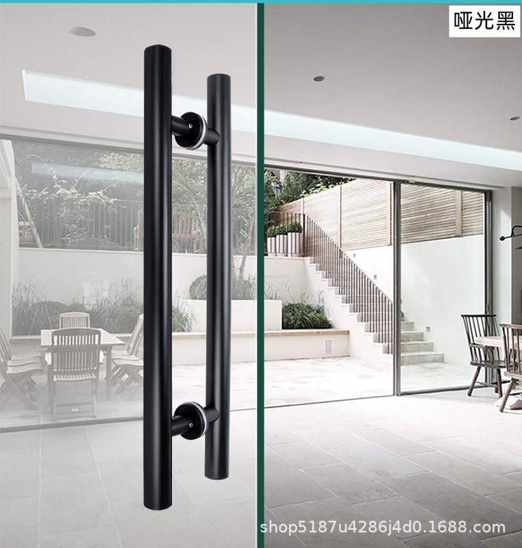 円管ステンレス鋼の黒と黒の取っ手の厚い明るいリングの黒の取っ手の木の扉のシンプルなガラスのドアの取っ手|undefined