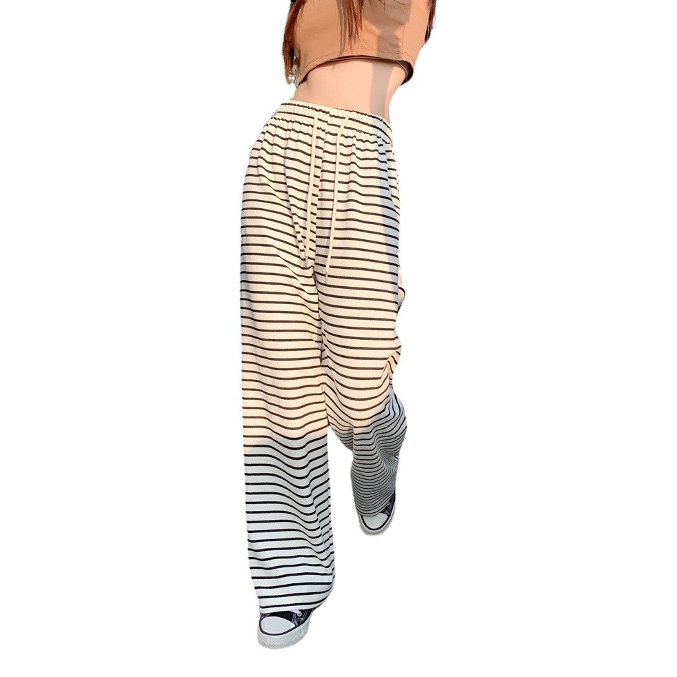 New Black and White Horizontal Striped Hong Kong-style Slight Elastic Loose Wide-leg Pants High Waist Slim-fit Hanging Pants