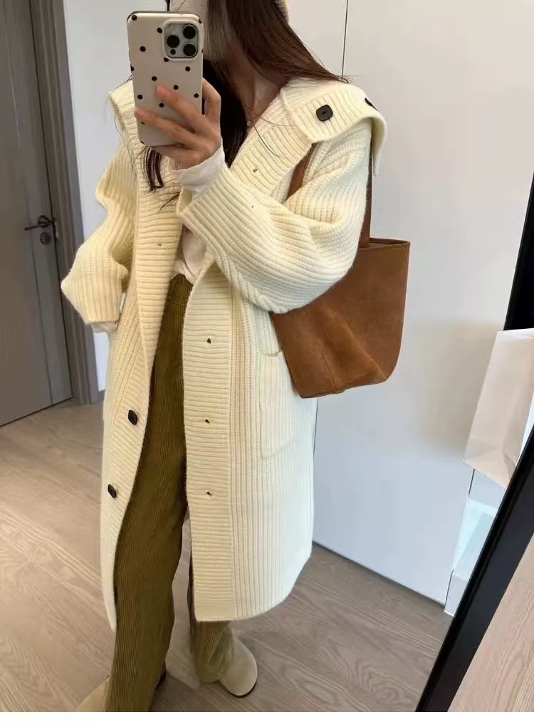 Cardigan de punto retro con solapa de viento perezoso otoño y invierno de 2025 nueva moda suéter largo abrigo suelto image 8