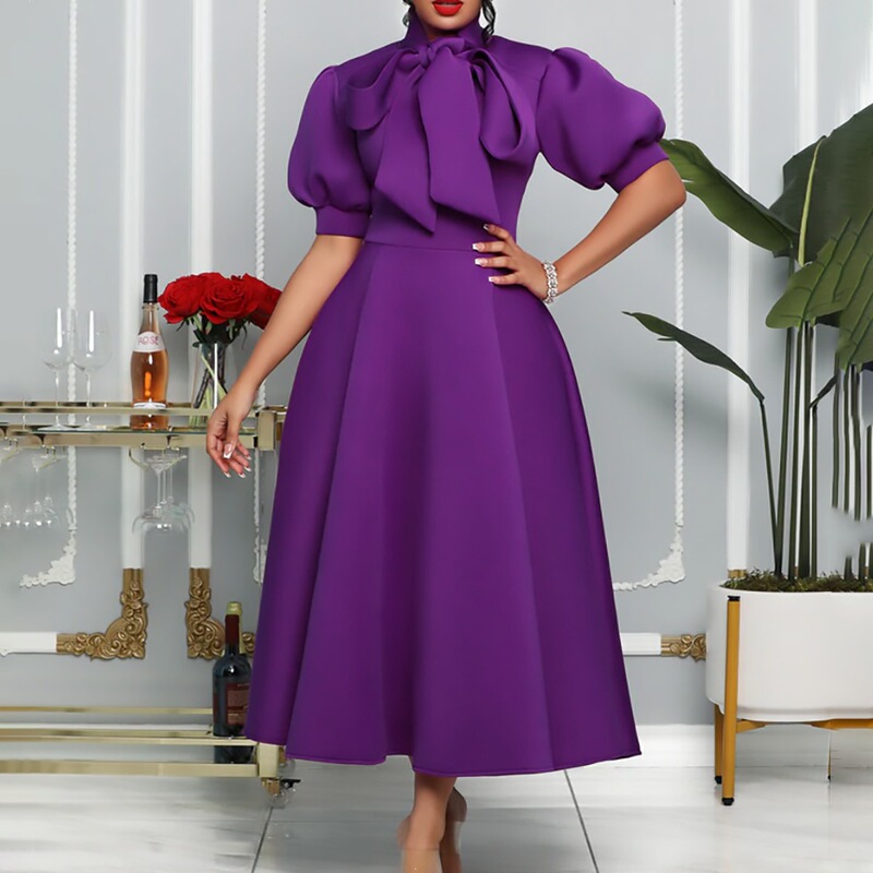 D235 European and American plus-size women's summer new bow-tie elegant solid color party dress short-sleeved foreign trade dress D235 European and American plus-size women's summer new bow-tie elegant solid color party dress short-sleeved foreign trade dress