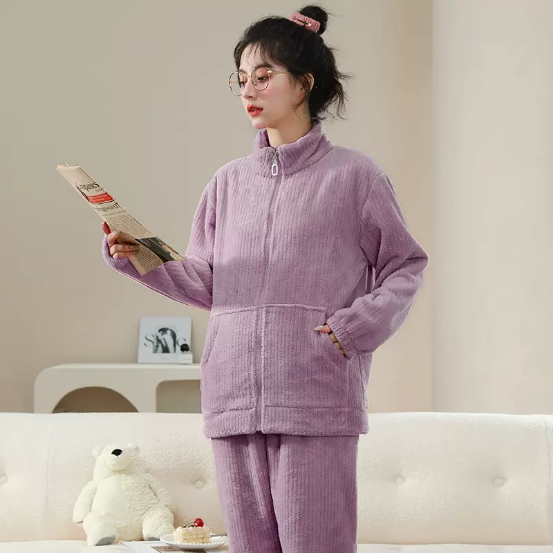 特惠备货新款法兰绒睡衣女士长袖加绒卡通珊瑚绒可外穿厂货货批发