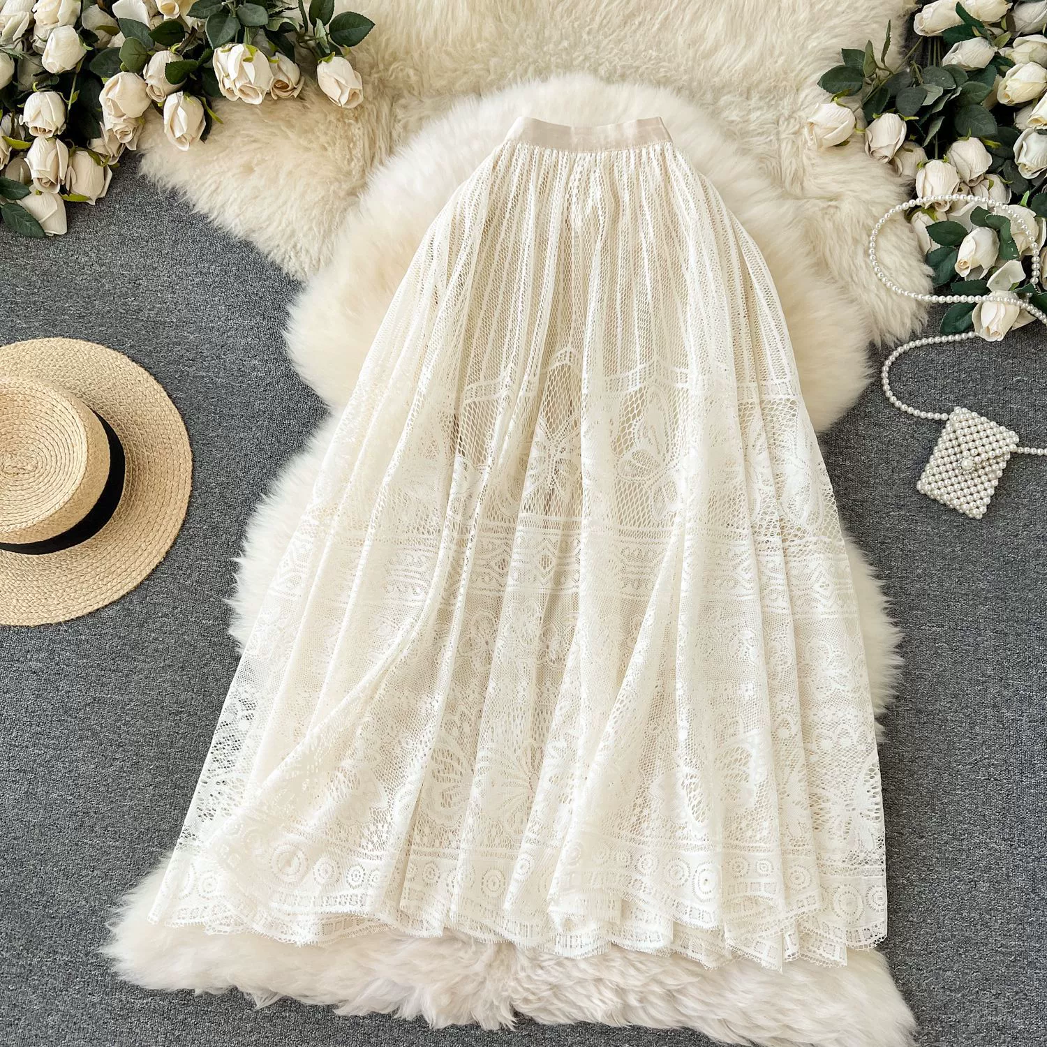 Сладкий кружевной крючок цветок бабочка слово большая юбка-маятница 2024 весна и лето новый средний и длинный с высокой талией тонкая юбка для женщин