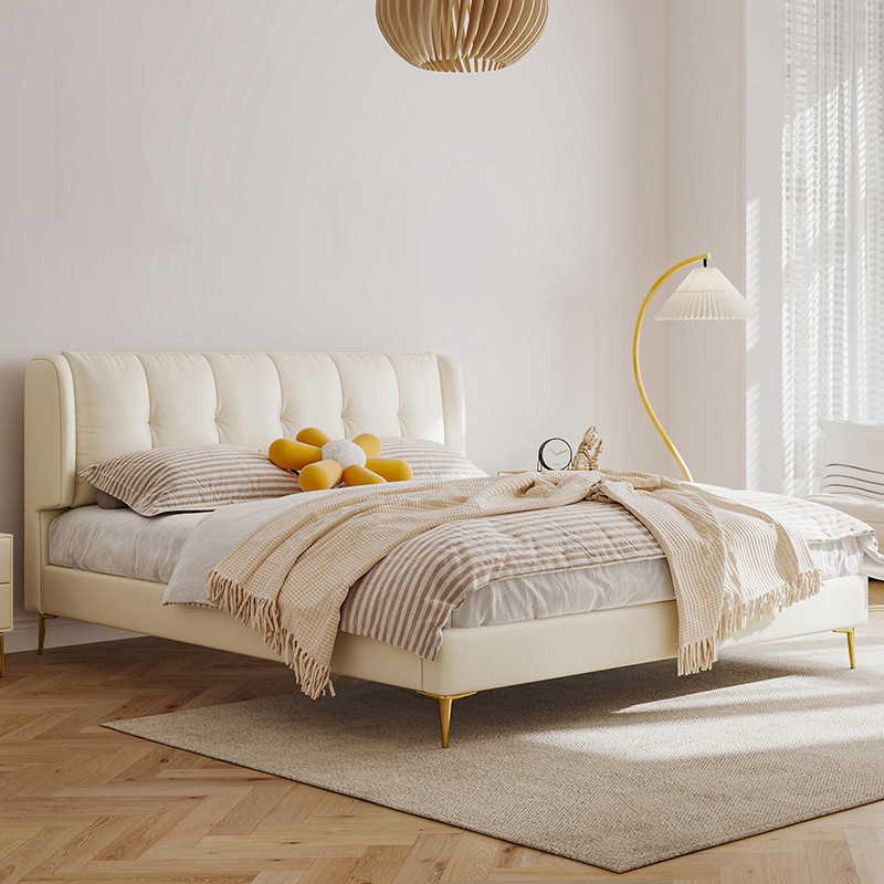 包邮奶油白头层真皮轻奢床简约现代双人主卧大床北欧软包羽绒婚床|ms