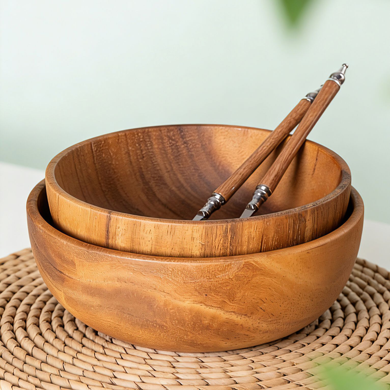 Acacia transfronteriza cuchara de ensalada tenedor de ensalada de madera de teca tazón abrazadera de pan de madera casera batidor de huevos conjunto de utensilios de cocina al por mayor