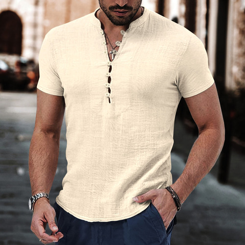 2024 Cross-border Amazon Wish eBay New Men's Retro Cotton Linen Casual Henry Collar Short Sleeve Shirt