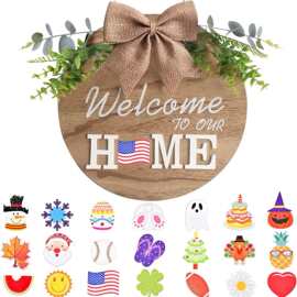 Welcome 圆形木质欢迎门牌可替换季节配件前门装饰 HOME 互换挂件