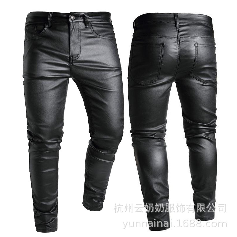 Cross-Border Amazon Spring and Autumn New Men's Slim-Fit Skinny Leather Pants Plus Size Motorcycle Fashion Korean Style Factory Wholesale Dropshipping