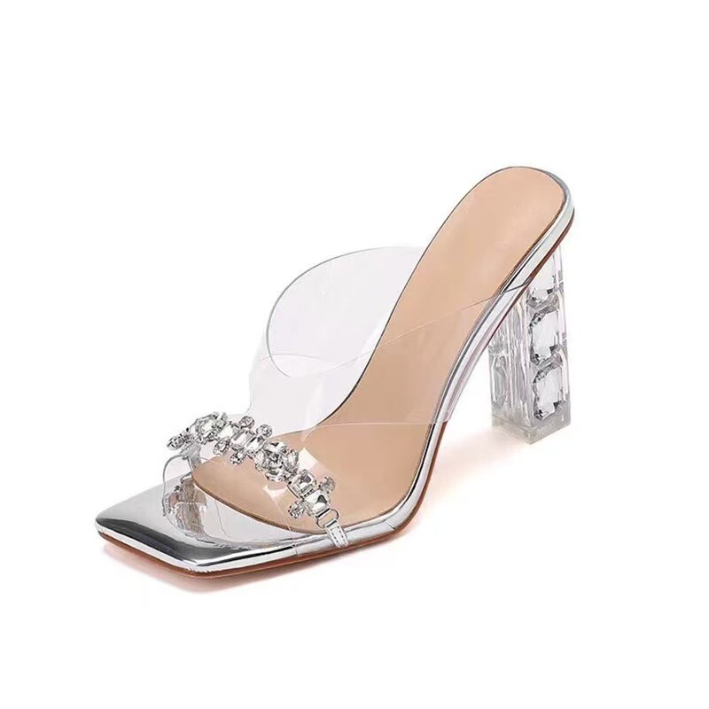 Upgraded Version of Pvc Transparent Crystal High Heels Sexy Rhinestone Thick Heel Fairy 25 New Square Toe Sandals for Outer Wear