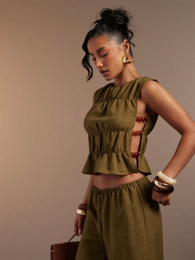 Women's Spring Solid Color Two Piece Set Retro Long Pants Vest Outfit_voghion.com