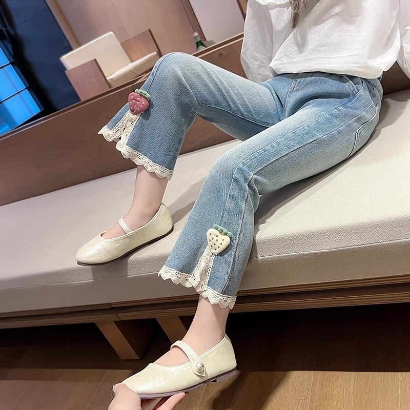 儿童装洋气韩版喇叭裤春秋女孩花边裤子潮女童牛仔裤秋装新款|undefined