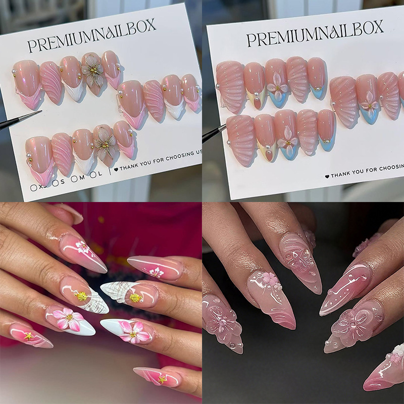 New Foreign Trade 30-Piece Manicure Nails Valentine's Day Stereo Relief Flower Design French Almond Wearable Nails Wholesale