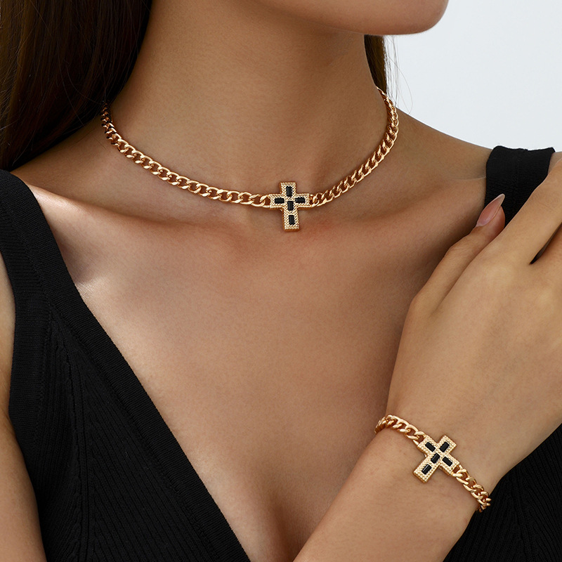 Joyas transfronterizas europeas y estadounidenses nicho de moda cruzada collar pulsera personalidad universal conjunto de joyas de cadena gruesa image 3