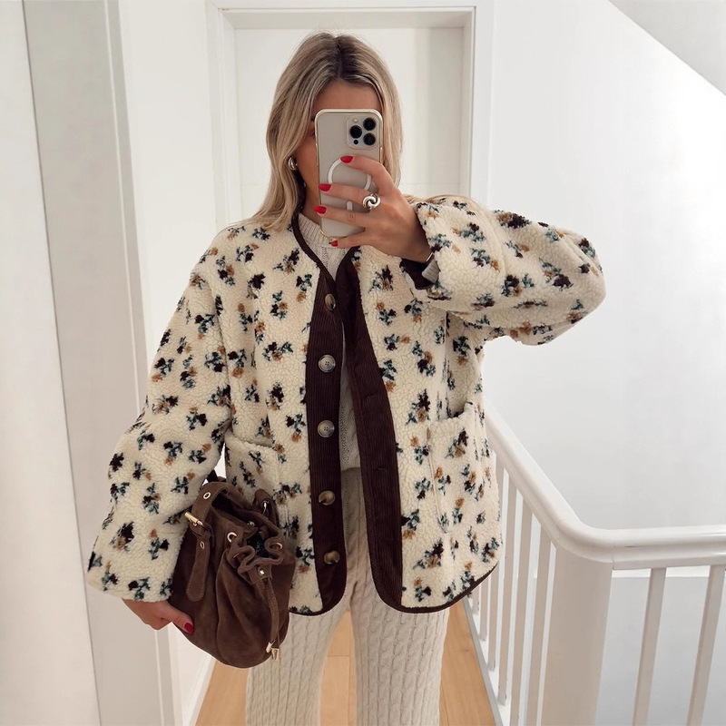 Sweet, Fresh, Warm and Comfortable Floral Polar Fleece Cotton Jacket 2025 Autumn and Winter New Cross-Border European and American Style