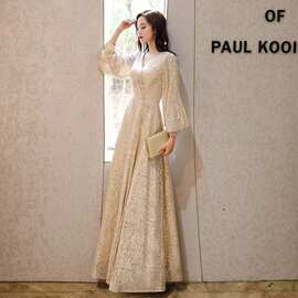 主持人晚礼服女宴会2026冬季新款性感亮片年会长袖晚礼服工厂直销