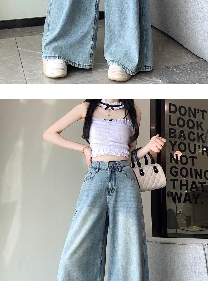Women's Summer Thin Light Blue Wide Leg Jeans High Waist Slimming Loose Fit Straight Leg Floor Length Pants Plus Size_ecoleips.com