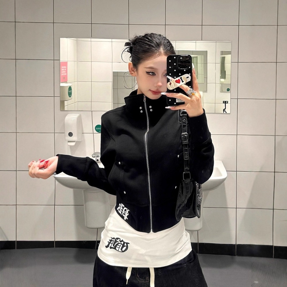 美式辣妹哥特字母印花立领短款外套上衣女秋季修身小众百搭上衣潮
