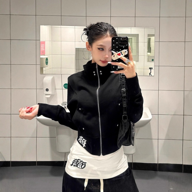 American-Style Spicy Goth Letter Print Stand Collar Short Jacket Top for Women, Autumn Slim Niche Versatile Trendy Top