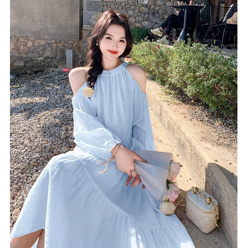 Seaside Resort Style Off-Shoulder Dress for Women 2025 New French Gentle Style Sweet Loose and Beautiful Fairy Long Dress