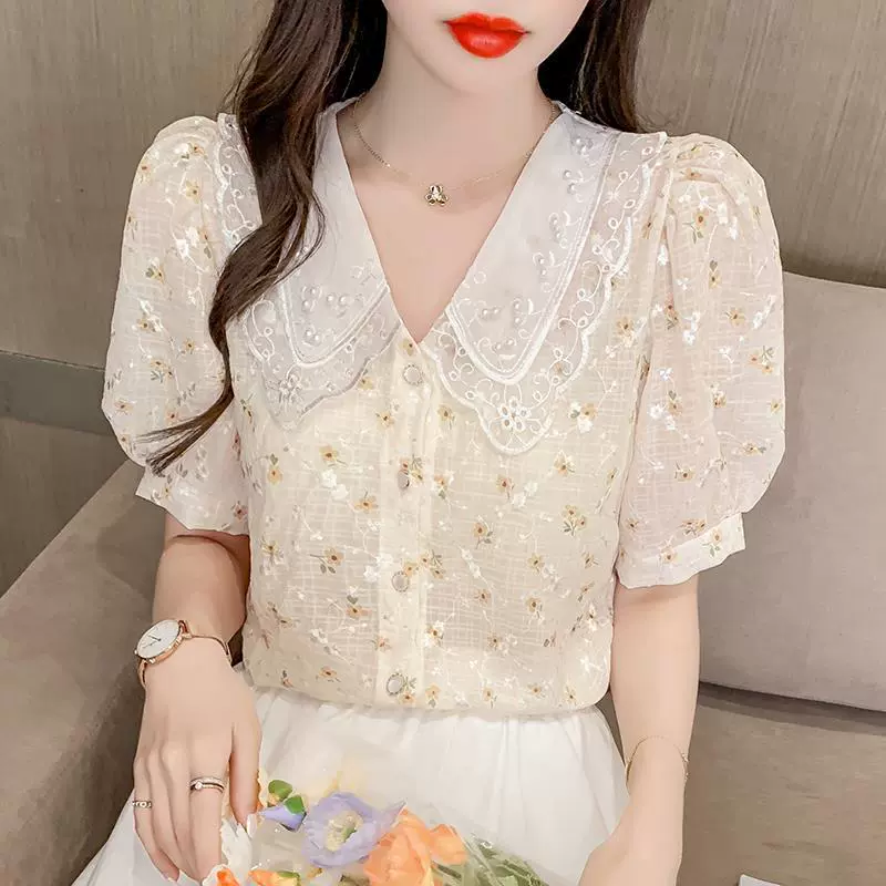 娃娃领夏季新款2022年韩版时尚绣花雪纺衫上衣女百搭蕾丝花边气质