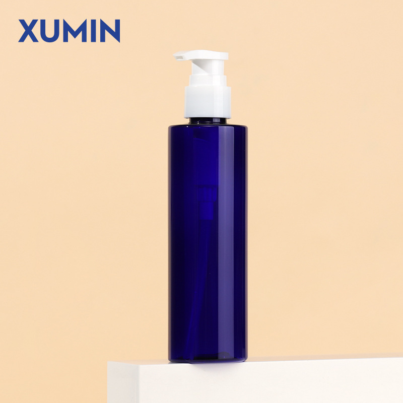 Botella de cabeza de bomba de presión cosmética Xumin 100-200ml botella de loción corporal a través del hombro azul 250ml botella de esencia