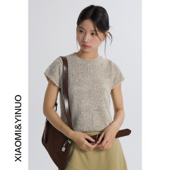 【欧凡】简约通勤减龄短袖毛衣女2025秋季新款显瘦圆领上衣3128