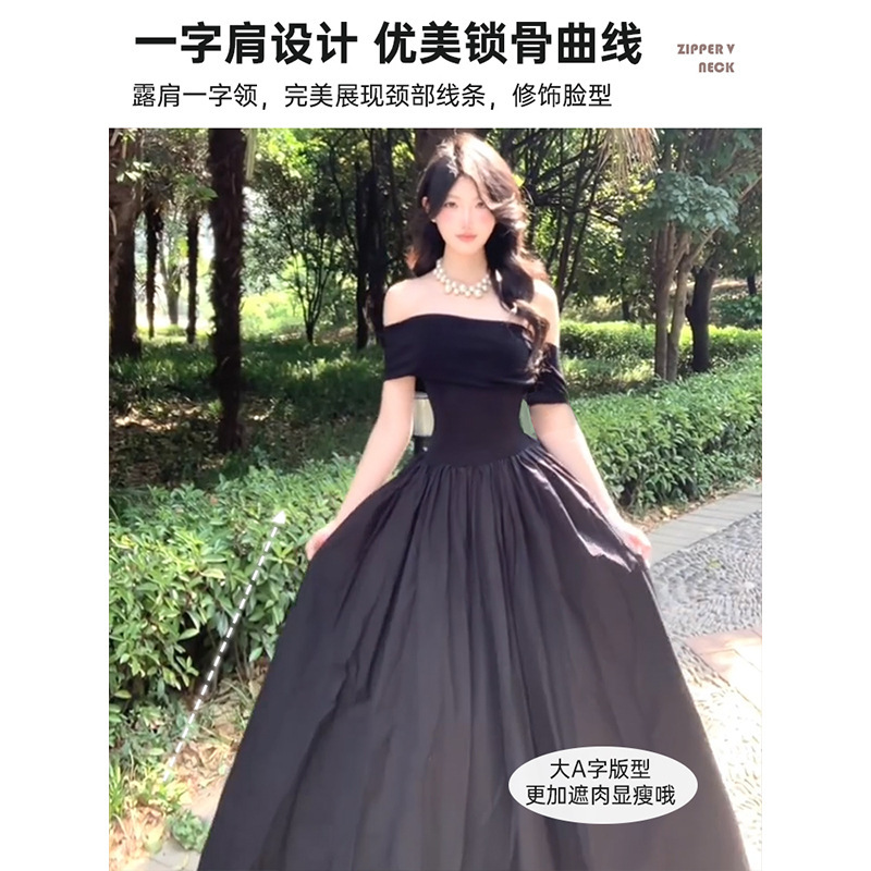 夏の女性向けの黒のワンショルダードレス、とても見栄えが良い、ヘップバーンスタイル、ハイエンド、絞りウエスト、美しいロングスカート|undefined
