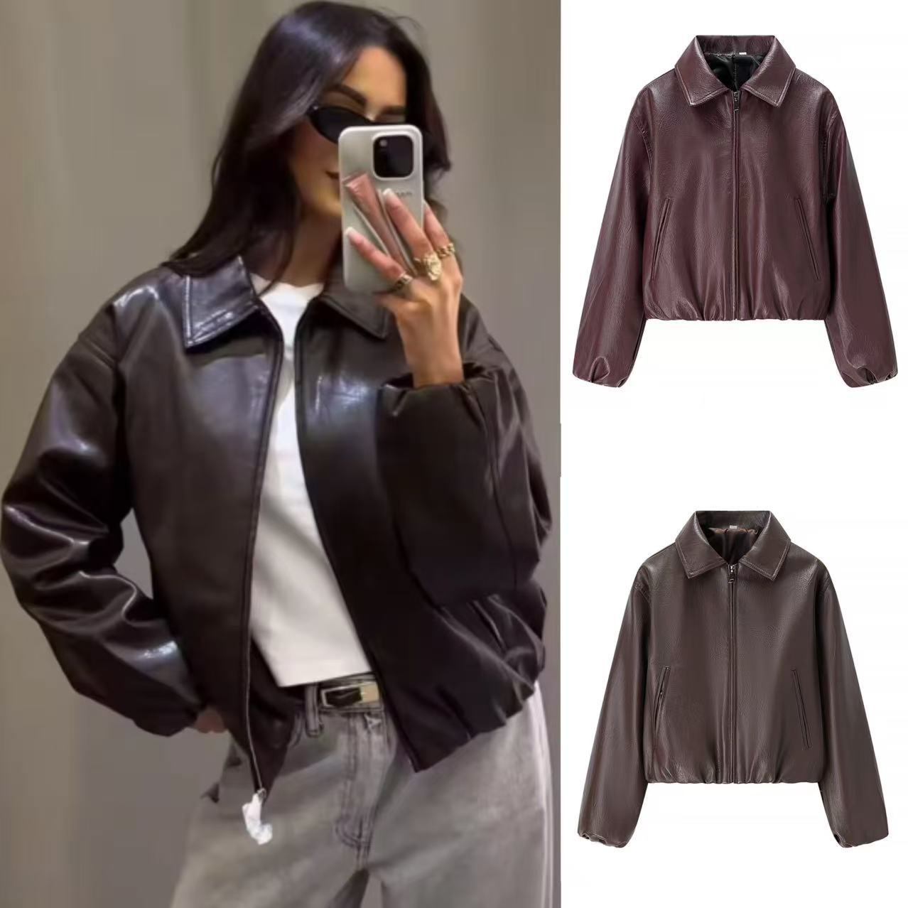 Za Aliexpress Popular Cross-Border Export European and American Style Women's Fashion Loose Lapel Long-Sleeved Leather Jacket