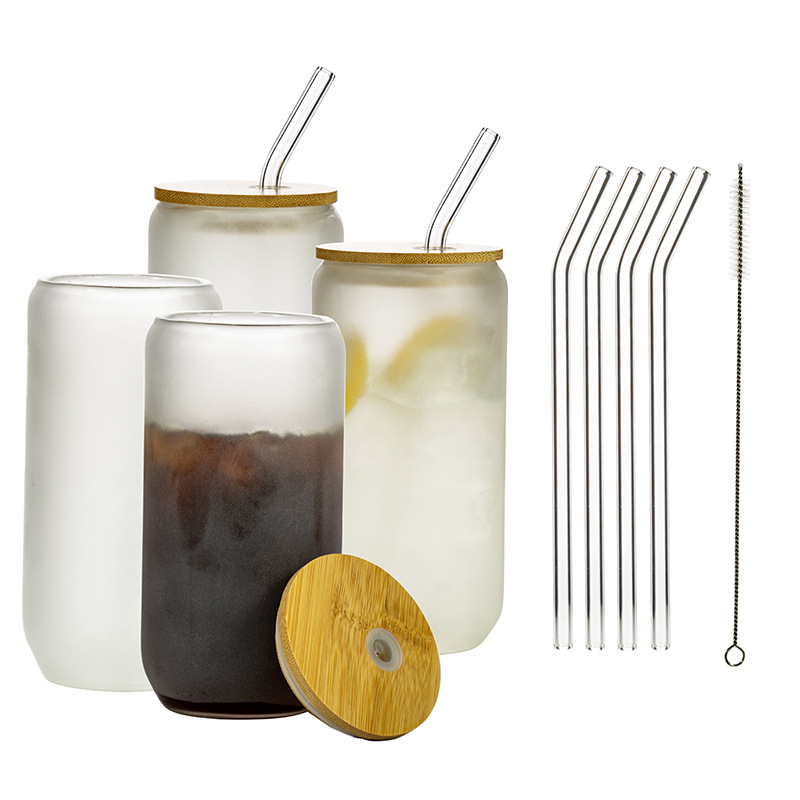 Venta al por mayor de borosilicato resistente a altas temperaturas juego de taza de agua 16oz lata con tapa de paja bebida fría vidrio taza de cola transfronteriza