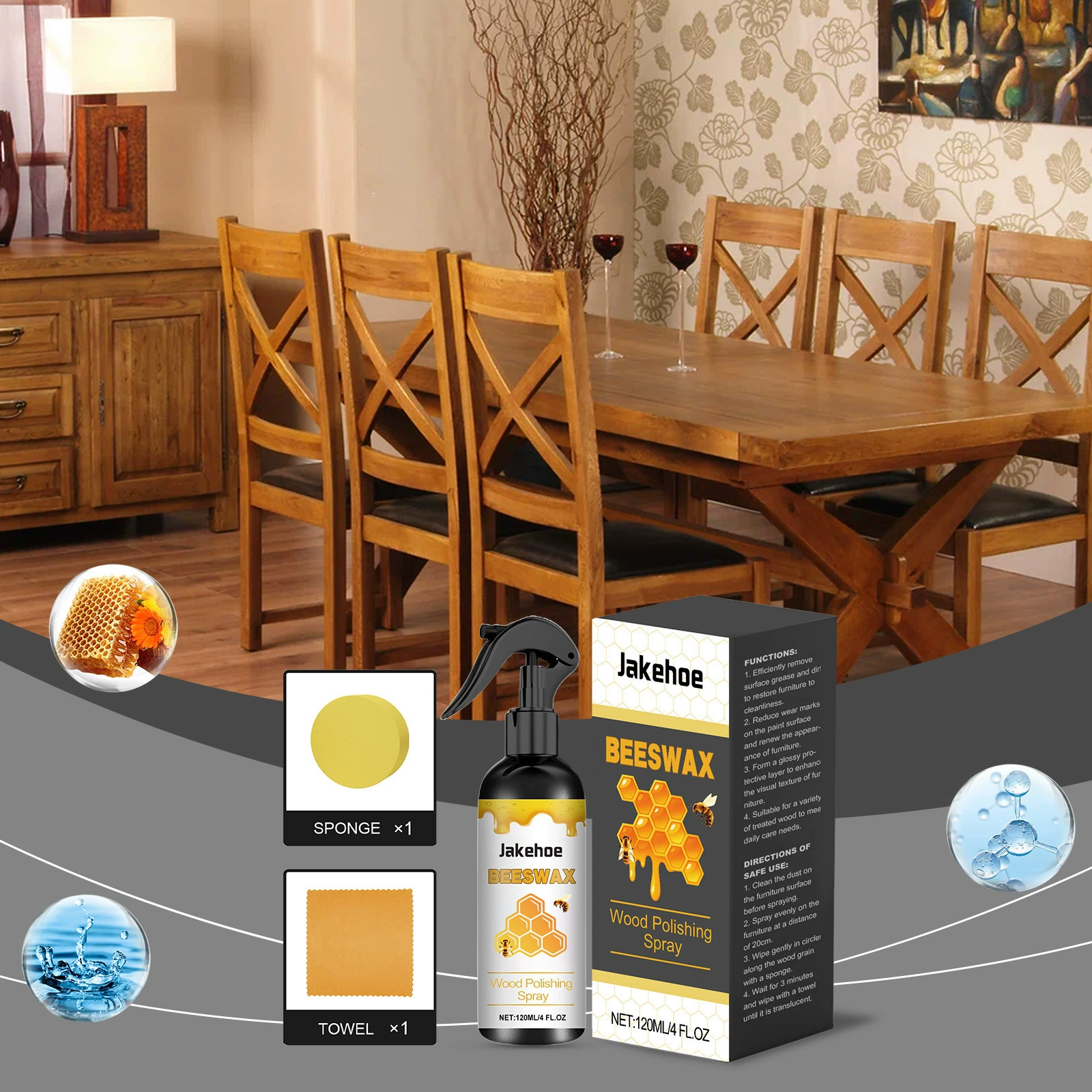 Спрей для ухода за пчелиным воском JAKEHOE, бытовая чистка дерева, полировка, обеззараживание, удаление масляных пятен, краски, уход за износом