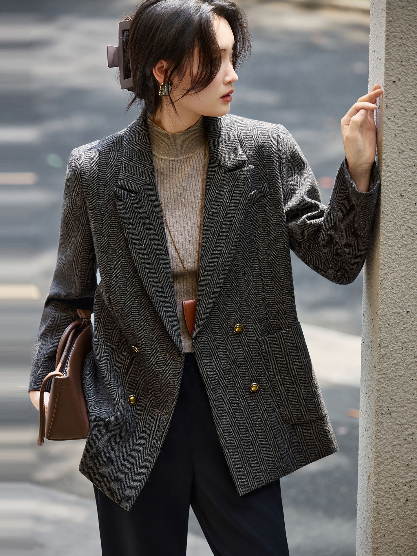 Sheep wool casual blazer for petite women, 2026 new style, relaxed vintage high-end feel, loose-fitting suit jacket