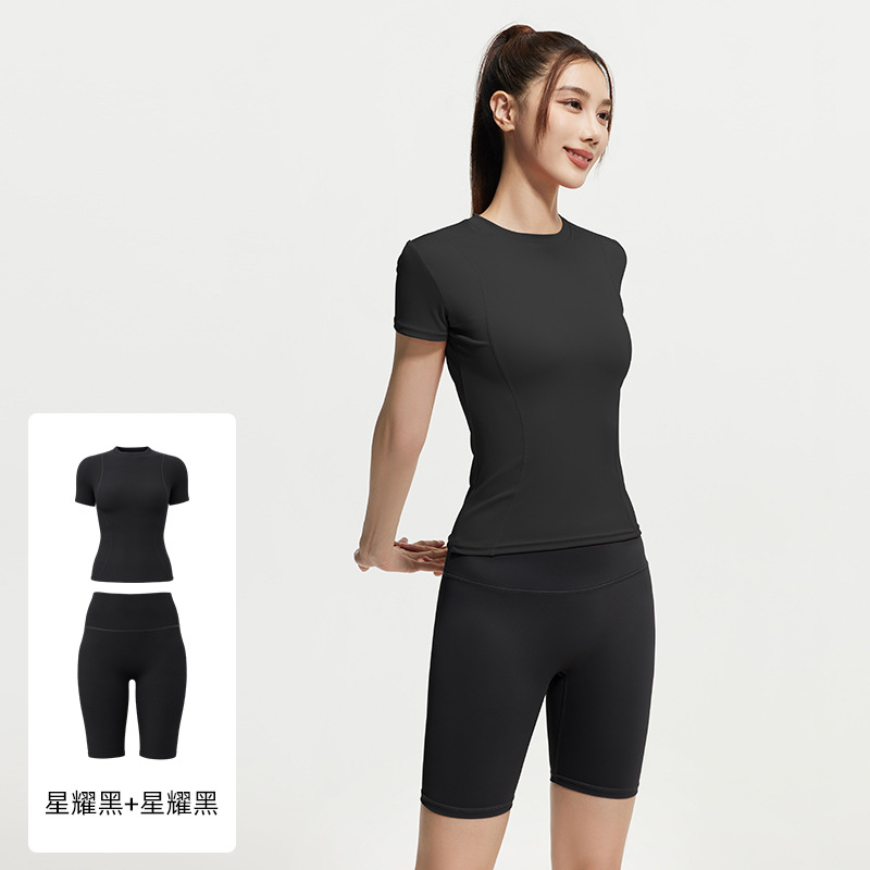 Juyi Tang verano yoga camisa de mangas cortas para mujeres delgada secado rápido y transpirable ajuste deportivo para correr y fitness set