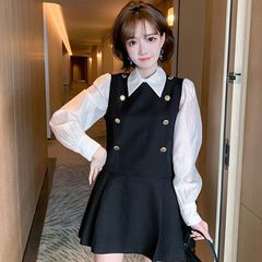 假两件拼接双排扣翻领衬衫+百褶半裙套装女两件套一整套入秋穿搭