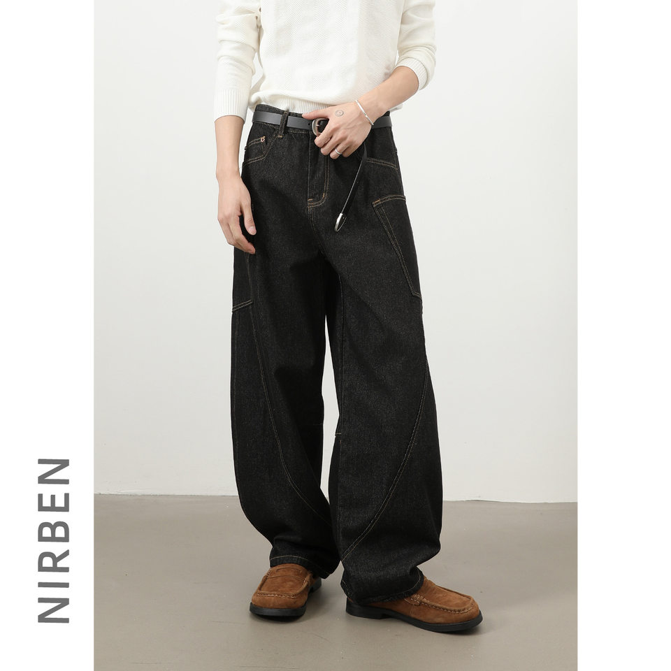 Quần jean nam ống rộng phong cách đường phố retro, nhiều túi hộp, dáng lỏng lẻo — Denim đen, Trắng, màu hồng, màu xanh