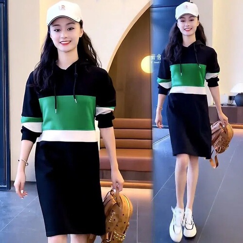 Improved style—please check the actual product before placing your order: high-end color-block hooded sweatshirt dress for women, new autumn collection.