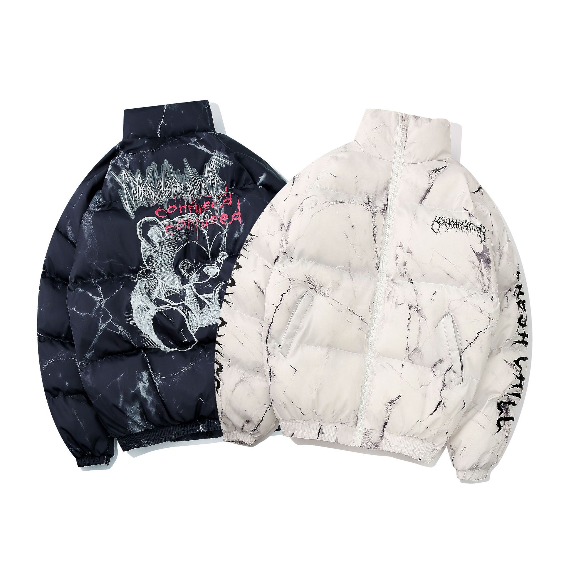 Men's Clothing dark bear graffiti print loose cotton jacket high street hip hop couple bread coat_viptrois.com
