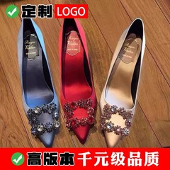 rv ラインストーンポインテッドトゥ黒ハイヒールの靴 2025 新しいサテン小剣結婚式の靴ショー木製服ブライダルシューズスクエアバックルシングルシューズ