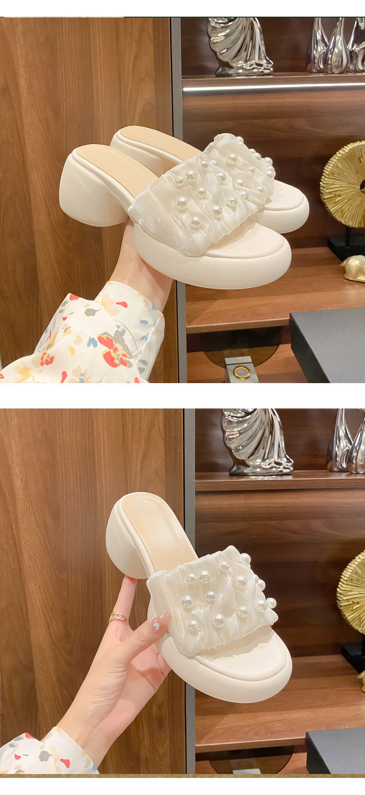 Dép sandal nữ quai chữ V đính ngọc trai, đế xuồng cao gót 9 cm — màu đen, màu trắng ngà chi tiết 6