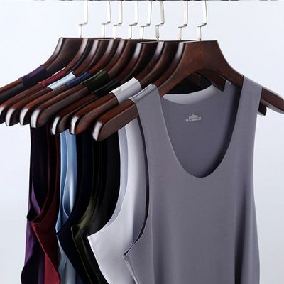 男士无痕背心夏季纯色冰丝感无袖V领圆领修身运动
