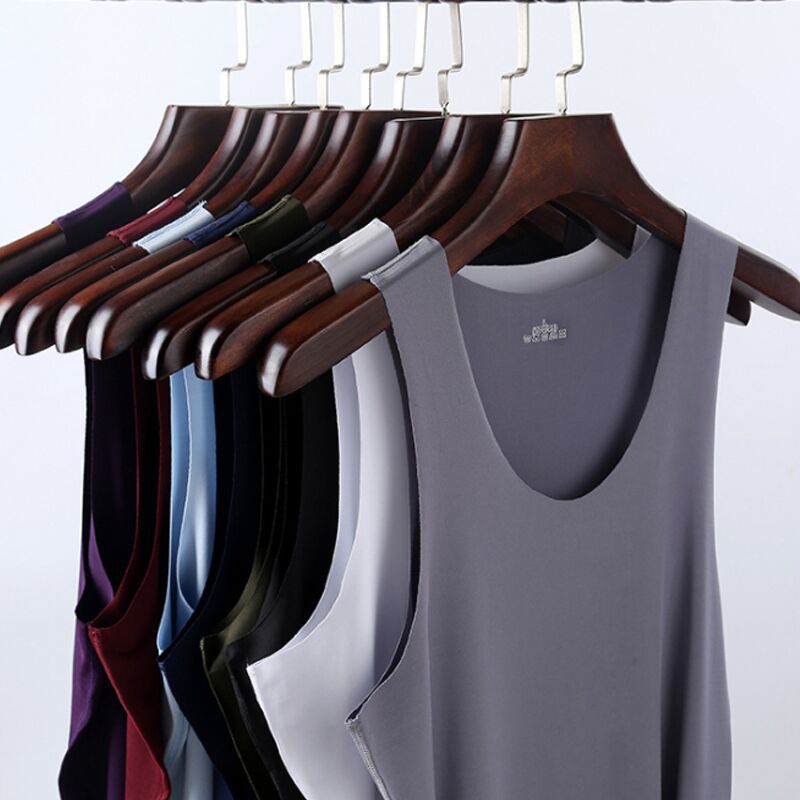 男士无痕背心夏季纯色冰丝感无袖V领圆领修身运动