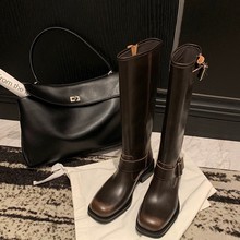 葡萄妈studiolee 方头百搭粗跟厚底扣带不过膝中高筒骑士靴女秋冬