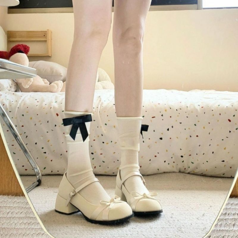 White Mary Jane Small Leather Shoes for Small People with Thick High Heels and Thick Soles Fairy Style Bow Mary Jane Shoes for Women