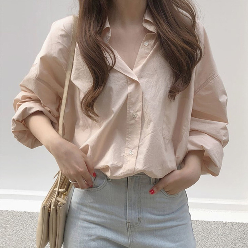 South Korea's Dongdaemun Wholesale Autum Chic French High-End Elegant Design Casual Pure Color Shirt Women's Tops