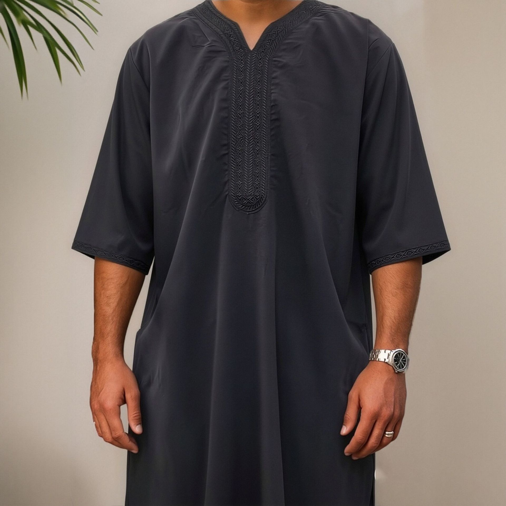 2025 New Model Cross-Border Trade Embroidered Men's Robe with Side Pockets
