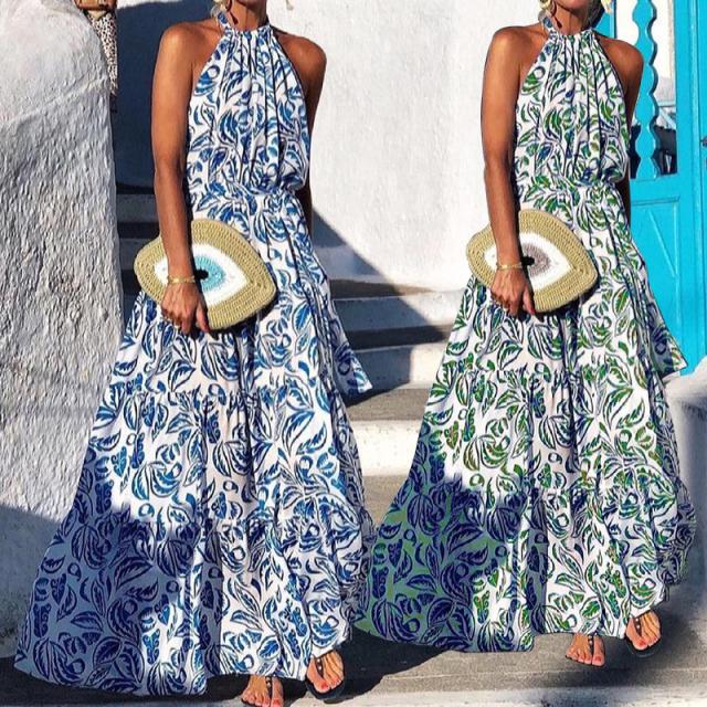 fashion floral halter off-shoulder hanging neck bohemian long dress NSYF53241